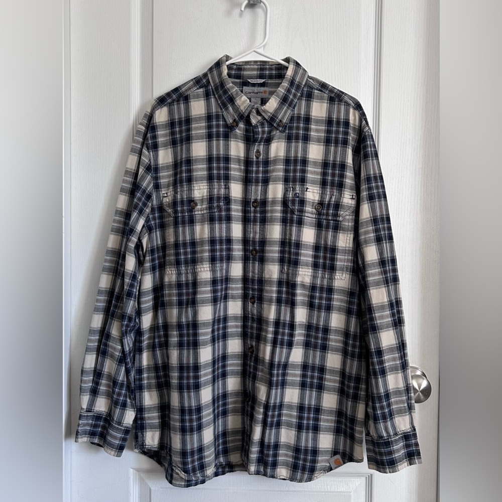 Carhartt Plaid Long Sleeve Button Casual Shirt Relaxed Fit Mens L Beige Blue Y2K